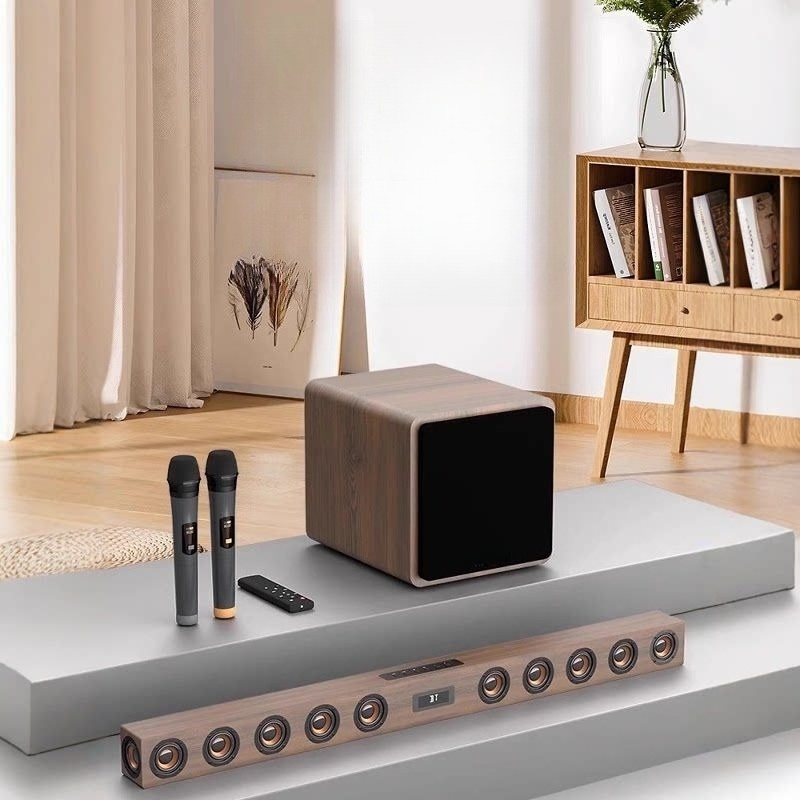 Home Cinema Karaoke Projector - ชุดลำโพงคาราโอเกะโปรเจคเตอร์โฮมเธียเตอร์ไร้สายติดผนังแบบไม้พร้อมระบบเสียงรอบทิศทาง
