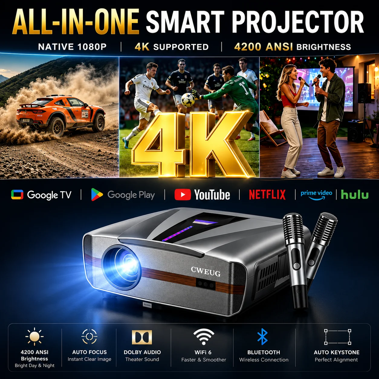 Home Cinema Karaoke Projector - โปรเจคเตอร์ 4K E9 UHD รุ่นใหม่ สมาร์ท